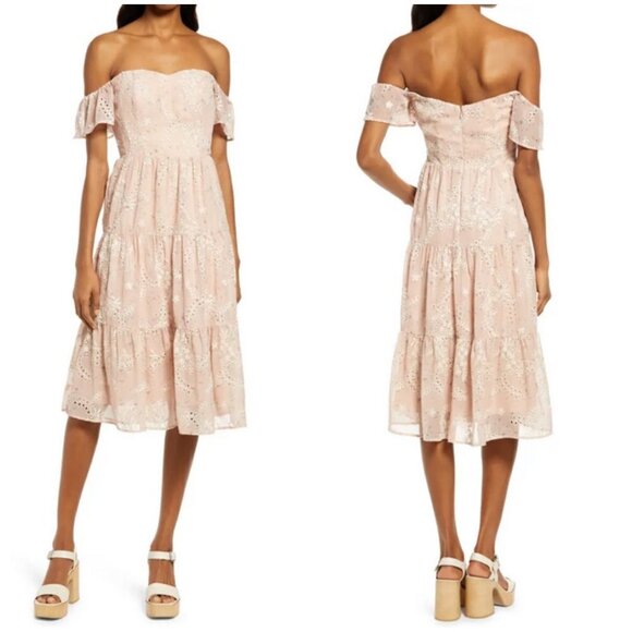 💕DRESS THE POPULATION💕 River Off the Shoulder Tiered Hem Dress ~ Blush XS NWT